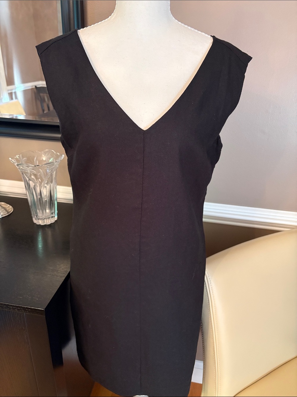 Classic Black V-Neck Women's Dress- Linen